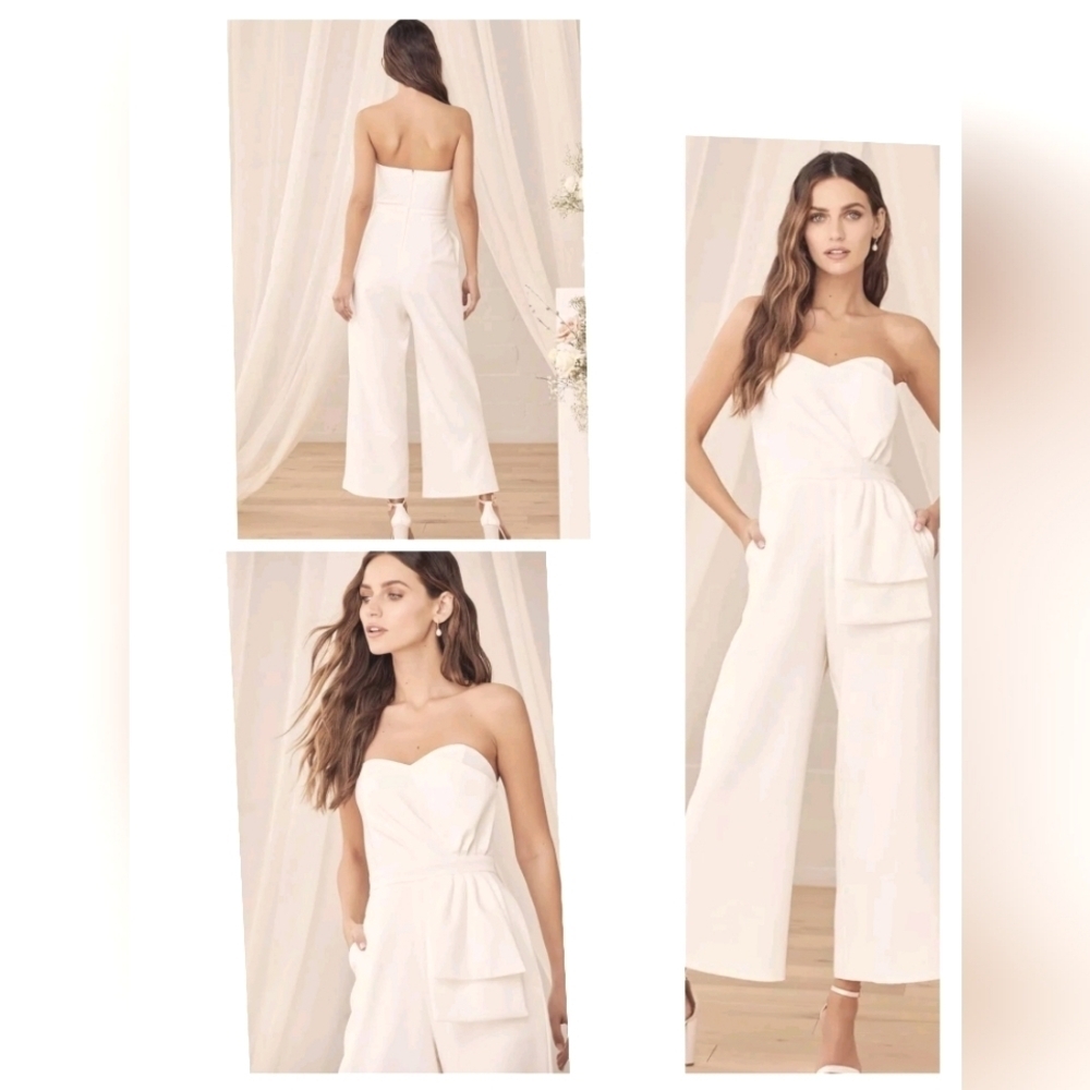 2459) Lulus Won A Heart White Strapless Wide-Leg Pantsuit Size Small